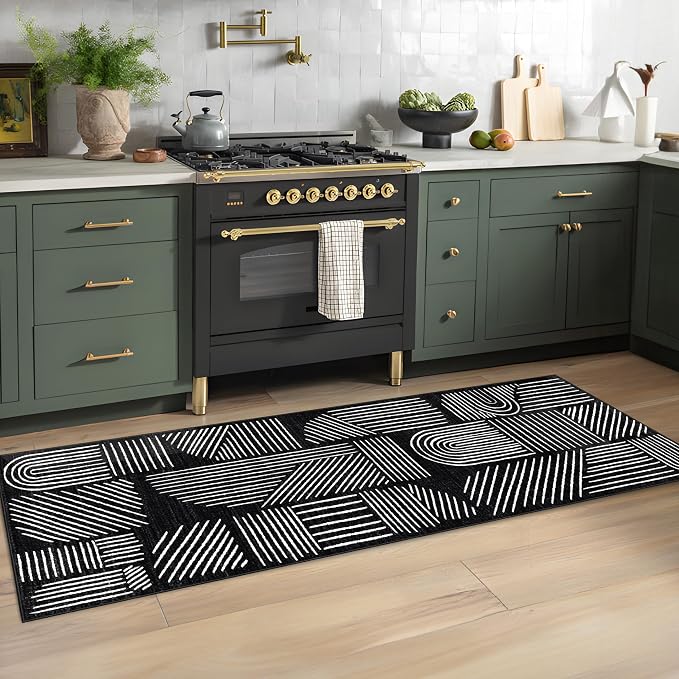 MUJOO 2x6 Runner Rug Washable,Mid Century Modern Abstract Non Slip Low Pile Runner Rug,Black and White Rug for Hallway Kitchen Entryway