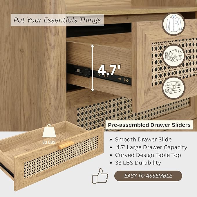 ELISA HOME Rattan-Inspired 5 Drawers Dresser for Bedroom, 47.2" Tall Dressers, Wood Drawer Organizer for Clothes, Entryway, Hallway, Nursery or Living Room, Oak
