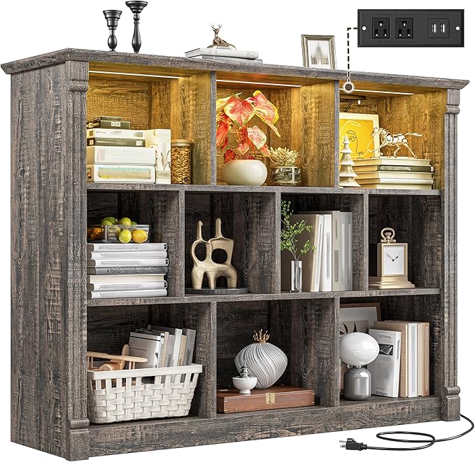 EnHomee 10 Cube Storage Organizer with LED Light and Charging Station Wood Cube Shelf Display Cabinet for Bedroom, Living Room, Office, Black Oak