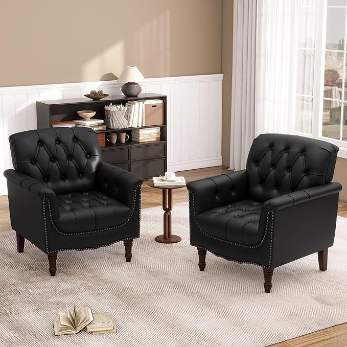 Lumibee Faux Leather Accent Chairs Set of 4, Upholstered Armchairs with Nailhead Trims & Wood Legs for Living Room, Bedroom, Contemporary Comfy Club Chairs for Office-Black