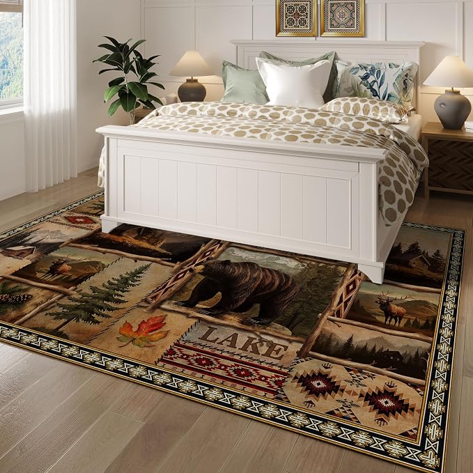 Vintage Moose Bear Cabin Rugs for Living Room 5'x7', Non-Slip Machine Washable Farmhouse Rustic Lodge Area Rug Carpet for Bedroom Indoor Dining Floor Carpet, Brown Rustic Living Room Decor