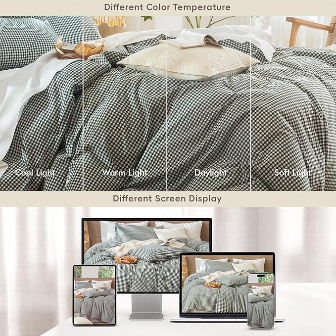 MooMee Gingham Duvet Cover Set 100% Washed Cotton Linen Like Textured Breathable Durable Soft Comfy Modern Checkered Design (Mini Gingham Forest Green, Twin 68"x90")