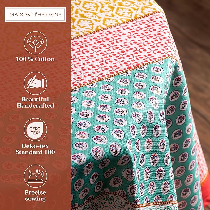 Maison d' Hermine Table Cloth Round Table 100% Cotton 63 Round Inches Tablecloth Reusable Decorative for Dining Room Farmhouse Home Valentines Day Decorations Spring Summer - Provence