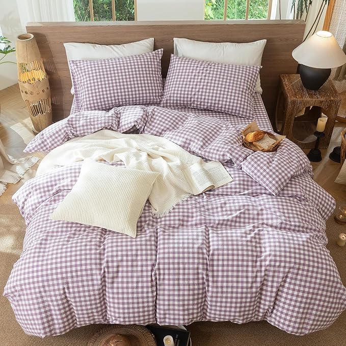 MooMee Gingham Duvet Cover Set 100% Washed Cotton Linen Like Textured Breathable Durable Soft Comfy Modern Checkered Design (Classic Gingham Light Purple, Oversized Full 82"x86")