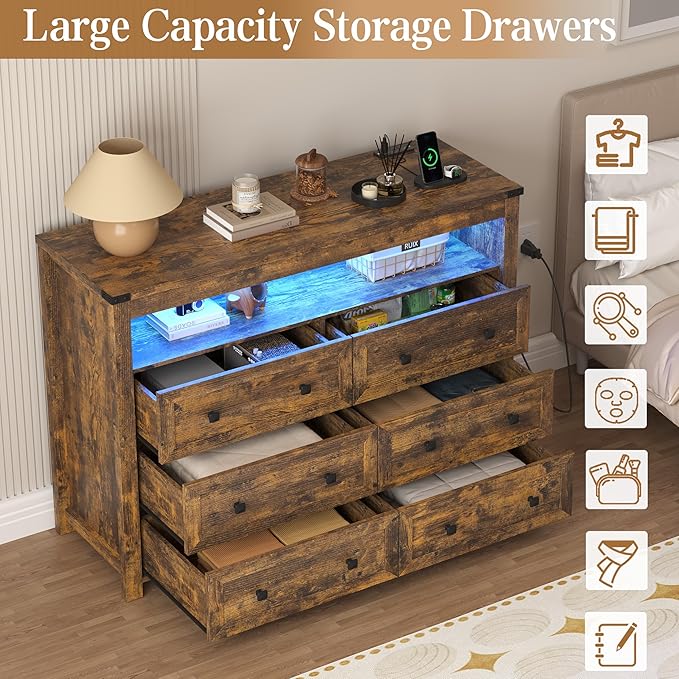 Brown Dresser 6 Drawer Dressers for Bedroom with LED Lights, Charging Station, Wood Chest of Drawers with Metal Handles, Modern TV Stand Storage Cabinet for Living Room, Hallway, Entryway