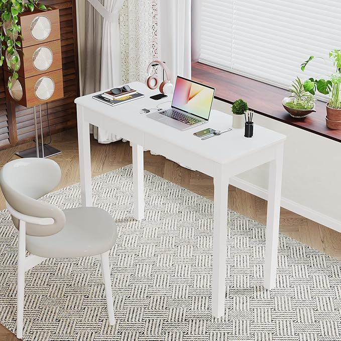 Wood Desk with Drawers - Solid Wood Mid Century Modern Desks for Bedroom, Small Computer Desk for PC, Laptop, Study, Makeup, 39.4 W x 29.5 H x 15.75 D in, White