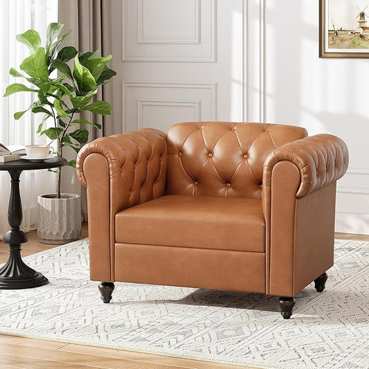 Brown Faux Leather Accent Chairs, Button-Tufted Upholstered Club Chair Retro Armchairs, Mid Century Modern Accent Chair with Solid Wood Legs, Cozy Chesterfield Couch Chairs for Living Room, Bedroom