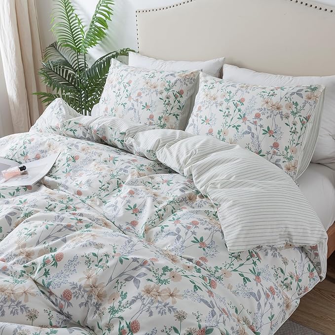 HoneiLife Cotton Duvet Cover King - Botanical Comforter Cover, 3-PC Bedlinen for Set with Zipper Closure & Corner Ties, Sweat-Absorption Comforter Cover Sets, Desert Rose
