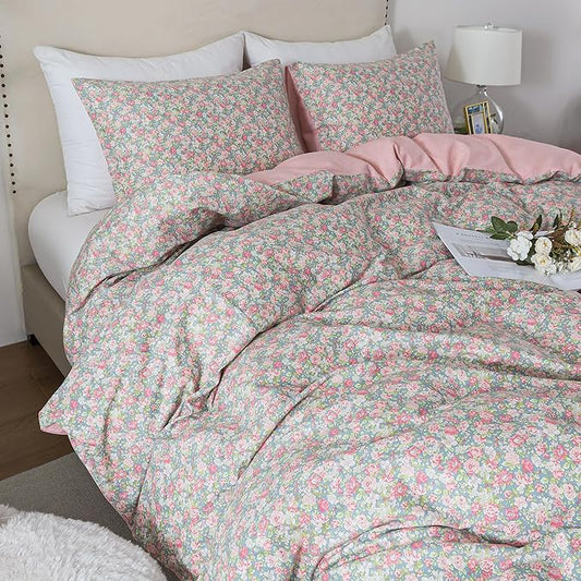 HoneiLife Floral Duvet Cover King - 100% Cotton Comforter Cover, Soft & Breathable Bedding Duvet Cover Sets with Zipper Closure & Corner Ties,3-Piece Wildflower Comforter Cover Sets, Rose