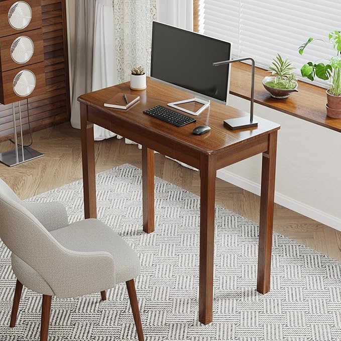 Solid Wood Desk with Drawers - 31.5" Narrow Desks for Small Spaces, Mid Century Modern Desks, Small Wooden Vintage Computer Writing Desk, Study Table for Home Office Bedroom, Walnut