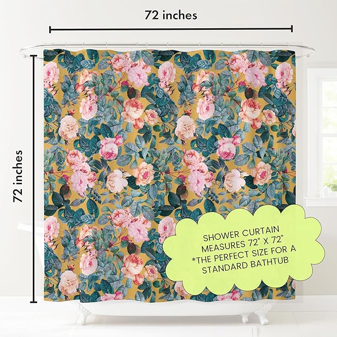 Yellow Pink Peonies Floral Print Shower Curtain - Pretty Flower Pattern - Modern Colorful Classic Design - Vintage Style Cool Fabric Shower Curtain For Any Bathroom - 72x72 Inches (Yellow Floral)