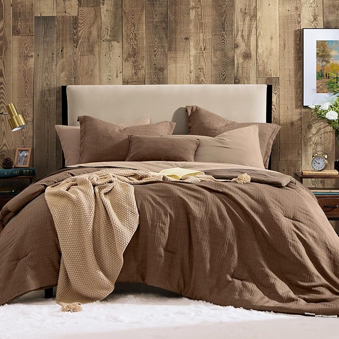 Geniospin King Size Comforter Set - 7 Pieces Brown Comforter King Size, Soft Solid Bedding Set for All Season, Textured Bed in a Bag with Sheets, Pillowcases & Shams