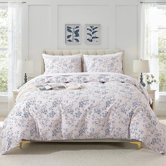 HoneiLife Cotton Duvet Cover Queen - Floral Comforter Cover 3-PC, Soft & Breathable Flower Bedding Duvet Cover Sets with Zipper Closure & Corner Ties, Wildflower Comforter Cover Sets, Blue Leaves