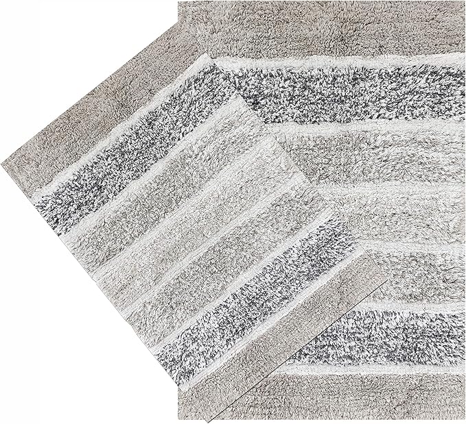 Bathroom Rugs Set 2 Piece Light Grey Quilted Stripe Non-Slip Washable Bath Mats for Bathroom Floor |Cotton Quick Dry Bathroom Mat for Tub Spa |Living Room Entry Way Door Mats |21x32 & 17x24 Inches
