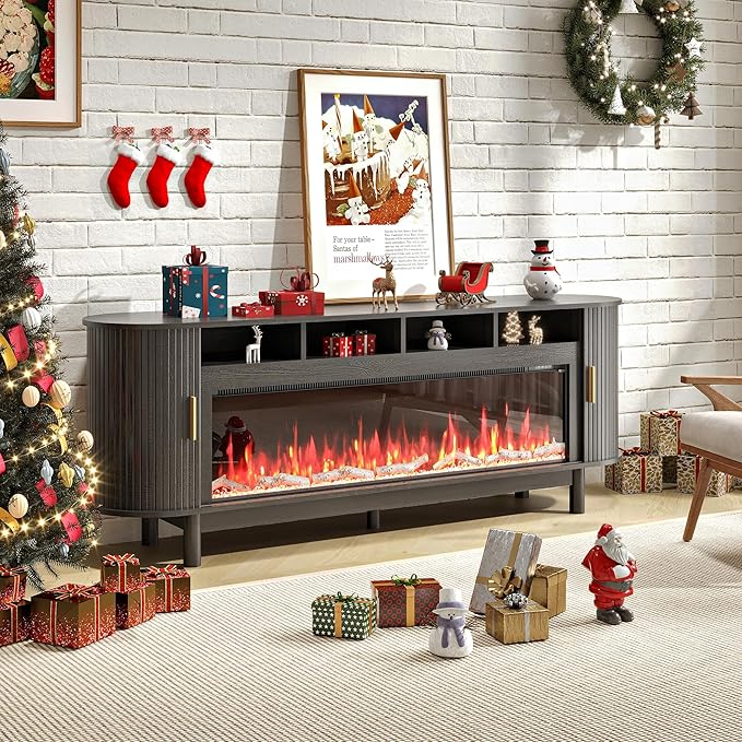 70 Inch Modern Fireplace TV Stand for TVs up to 80 inches, Mid Century TV Console with Solid Wood Legs, Sliding Doors & Curved Design,Media Console for Living Room, Black