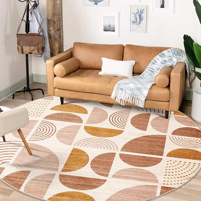 MUJOO Round Rugs 6ft,Circle Area Rug Washable,Circular Rugs for Living Room Dining Room,Large Boho Non Slip Throw Floor Carpet Modern Abstract Bohemian Orange