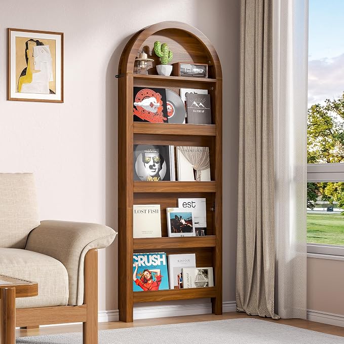 Narrow Tall Wall Mounted Bookshelf for Living Room Bedroom (Brown)