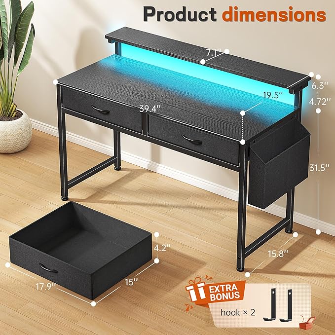 DurayLoly Gaming Desk with LED Lights & 2 Fabric Drawers, 39.4Inch Home Office Computer Desk with Side Pocket & Ergonomic Monitor Stand, Small Space Study Writing Table with Anti-Tip Design,Black
