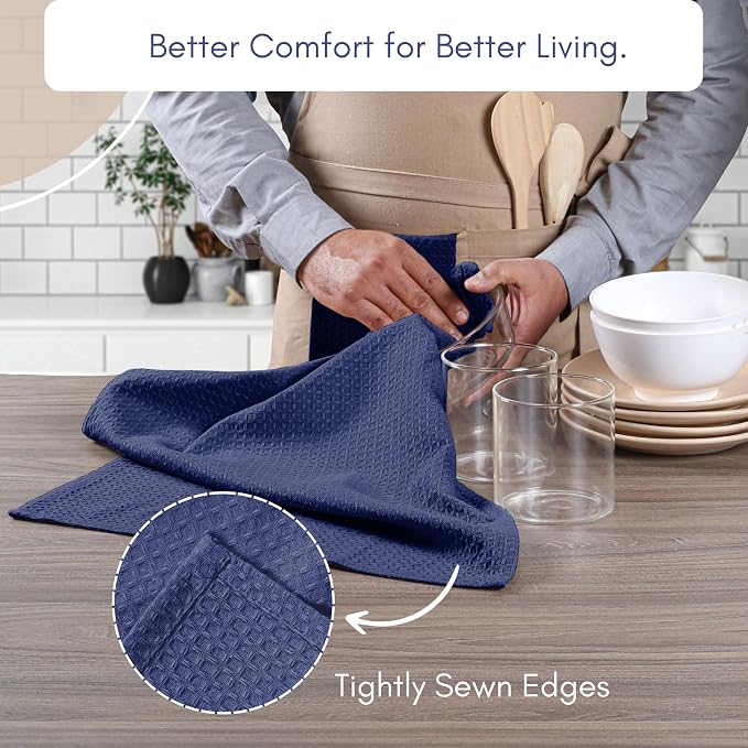 TWINY threads Kitchen Dish Towels Set of 6, 100% Cotton Waffle Weave, Absorbent Dishcloth & Tea Towel with Hanging Loop, Reusable for Table Cleaning, Quick Drying - 16x26 Inches - Indigo Blue