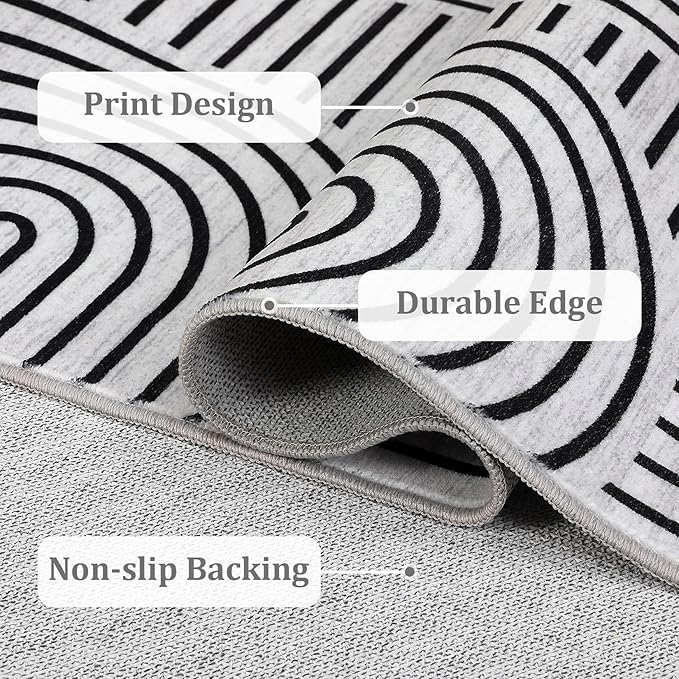 Modern Rug 2x6 Runners for Hallways, Abstract Kitchen Runner Rugs Non Slip Bath Runner, Rainbow Washable Runners Rug for Bedroom, Soft Long Rugs for Entryway Bathroom Laundry Dorm, Blackwhite