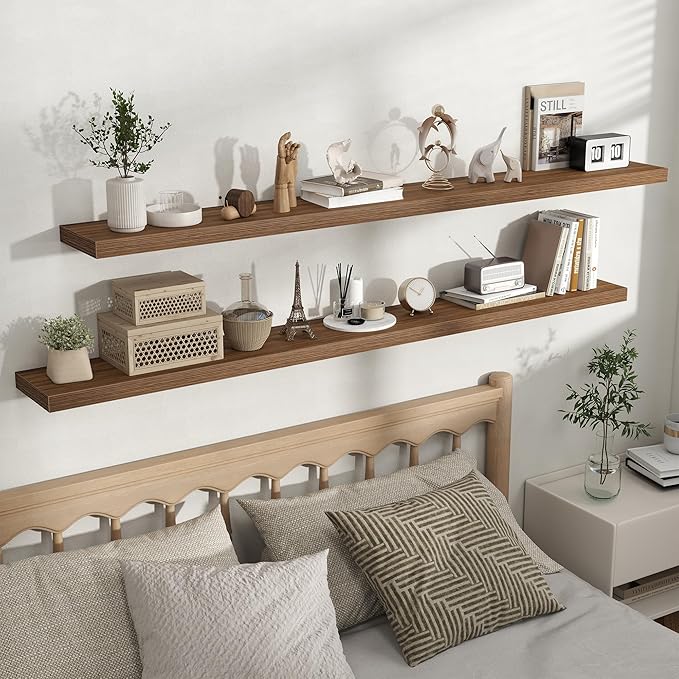 Fun Memories Rustic Wood Floating Shelves for Wall, Space-Saving Wall Mounted Shelves for Bathroom, Bedroom, Living Room and Kitchen, Stylish Storage & Display (Set of 2, Walnut, 72 in)