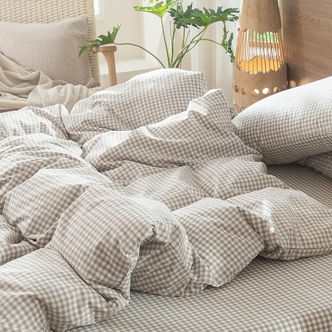 MooMee Gingham Duvet Cover Set 100% Washed Cotton Linen Like Textured Breathable Durable Soft Comfy Modern Checkered Design (Mini Gingham Tannish Linen Grey, King 104"x90")