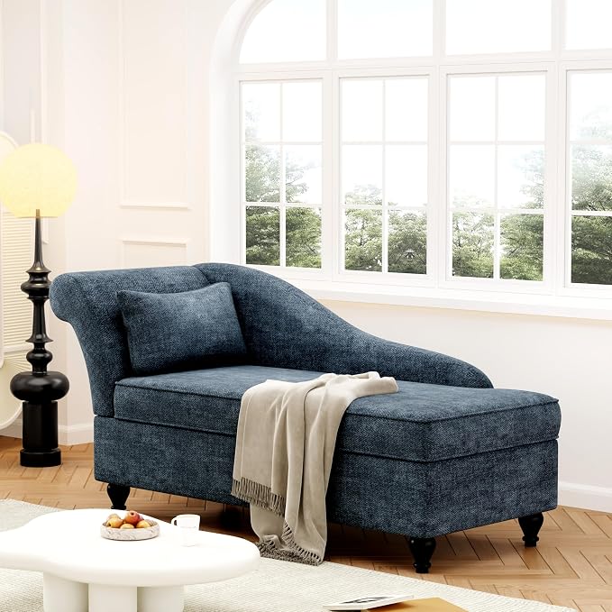 Storage Chaise Lounge Indoor, Upholstered Chaise Lounge Chair with Storage for Bedroom Living Room Office Blue Chenille Fabric (Left Armrest)