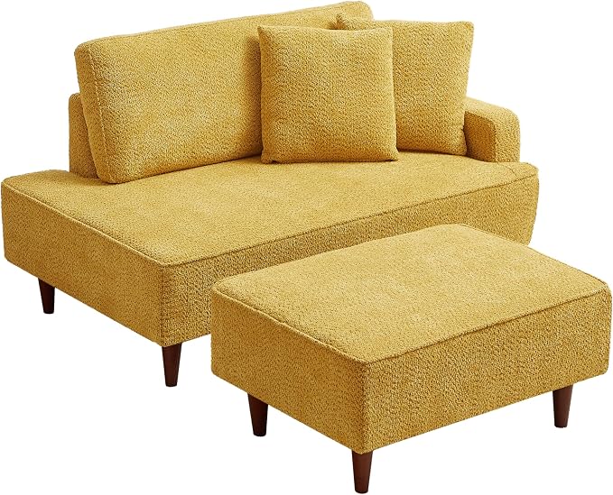 GDFStudio Upholstered Chaise Lounge Chair Indoor with Ottoman, Boucle Fabric Chaise Chair with 2 Throw Pillows and Solid Wood Legs, Recliner Lounge Chair for Office Living Room Bedroom, Yellow