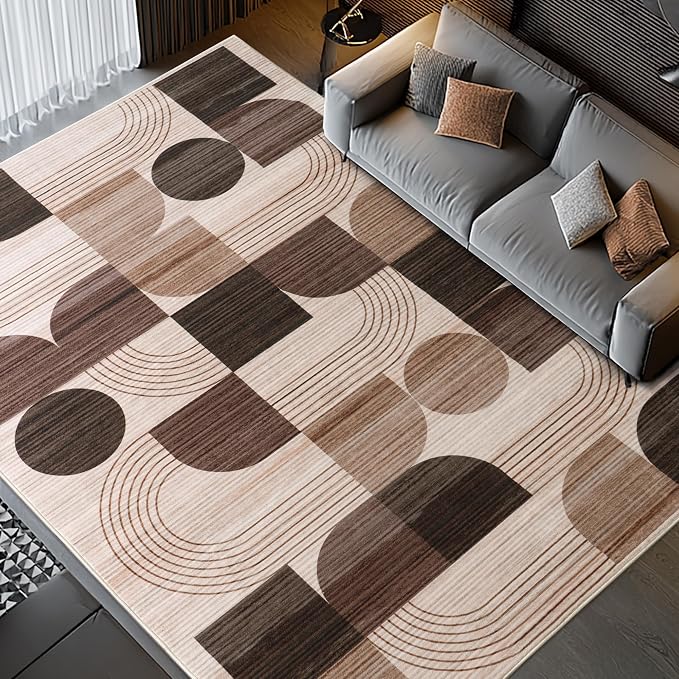 Large Machine Washable 4x6 Area Rug, Soft Modern Geometric Abstract Brown Rugs for Bedroom Living Room, Non-Shedding Faux Wool Indoor Throw Floor Carpet for Office Entryway Dining Room Decor