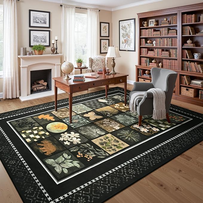 Tepook 8x10 Area Rugs for Living Room, Modern Large Geometric Rug for Bedroom, Washable Patchwork Rug Indoor Non Slip Throw Carpets for Dining Room Office Farmhouse Home Decor, Black