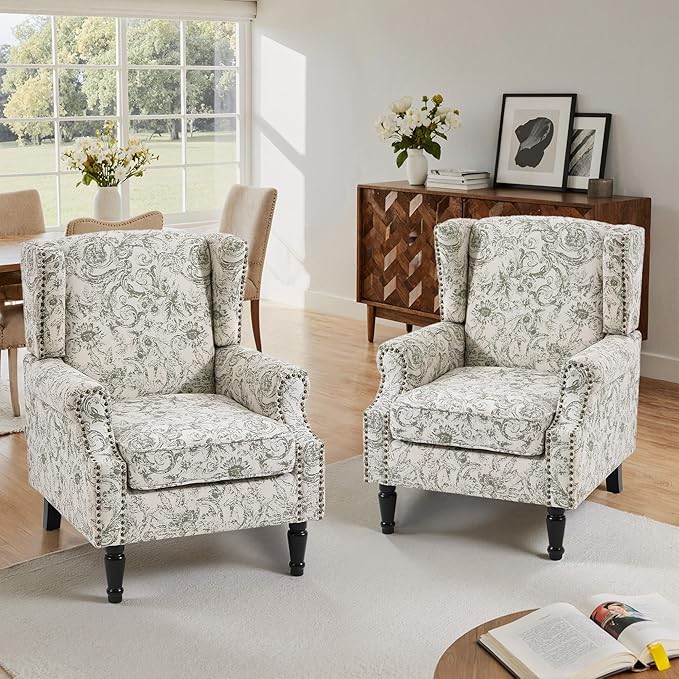 Lumibee High Back Accent Chair Set of 2, Armchair in Fabric,Comfy Upholstered Wingback Single Sofa Reading Chairs with Solid Wood Legs for Living Room,Bedroom,Office-Rococo Green