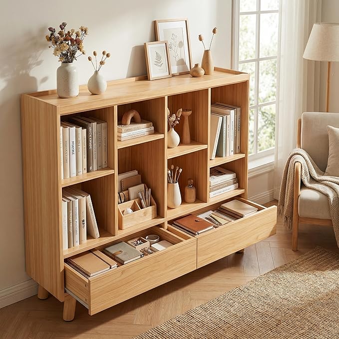 YOSHOOT 8 Cube Bookshelf with 2 Drawers - 42.5" Wood Cube Bookcase with Legs, Open Cubby Bookshelves for Bedroom, Living Room,Home Office, Nature