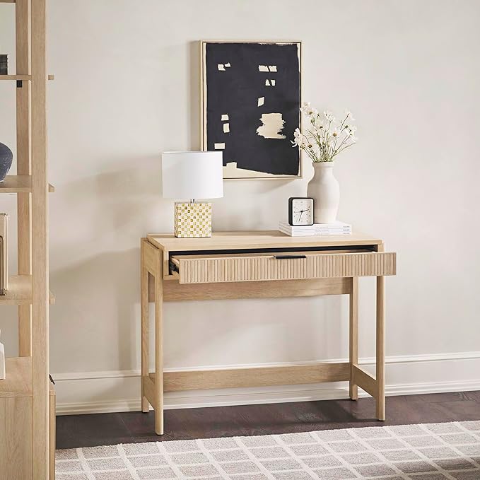 Walker Edison Transitional Office Design, Reeded Drawer Front Detail, Writing Desk with Drawer, Spacious Desktop, Complementary in Living Spaces, 38 Inch, Coastal Oak