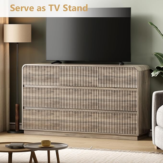Grey Dresser Fluted 9 Drawers Dresser for Bedroom, 59" Wide Wood Chest of Drawers with Hidden Handles & Rounded Corners, Modern TV Stand Storage Cabinet for Living Room, Hallway, Entryway, Gray