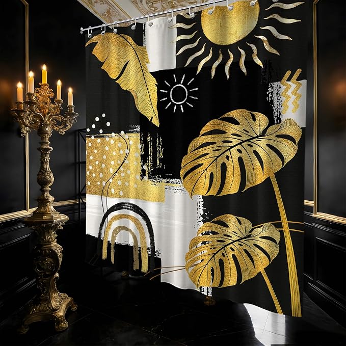Black and Gold Mid Century Modern Shower Curtain Bohemian Abstract Dark Mens Shower Curtains for Bathroom Decor Sets, Waterproof Cloth Fabric with Hooks, 60x72 Inch