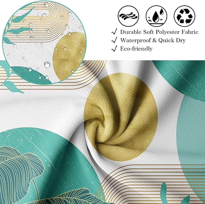 Teal Blue and Gold Shower Curtain Turquoise Aqua and White Shower Curtains for Bathroom Decor Boho Mid Century Bath Curtain Set, Waterproof Fabric with Hooks 60 x 72 Inch