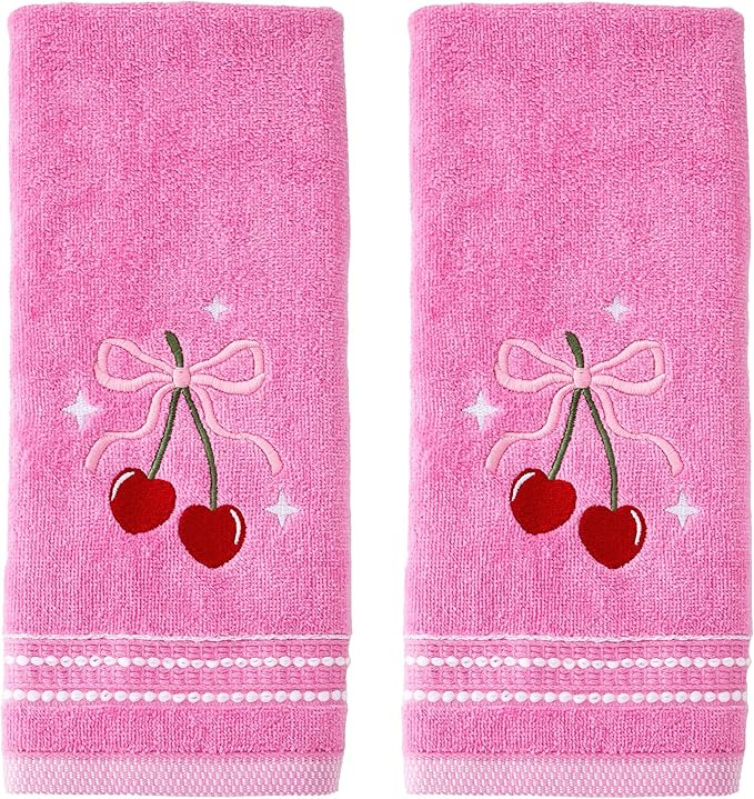 SKL Home Valentine's Day Cherry Hearts 100% Cotton Embroidered 2pc Hand Towel Set, Decorative for Bath/Kitchen/Bar & Gift, Pink