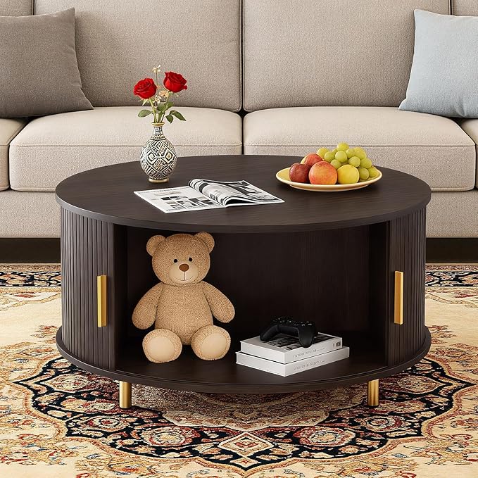 DHH Round Coffee Table, 31.5" Mid Century Modern Coffee Table with 360° Sliding Tambour Door, Fluted Accent Coffee Table with Storage Adjustable Footpads for Living Room (Coffee)