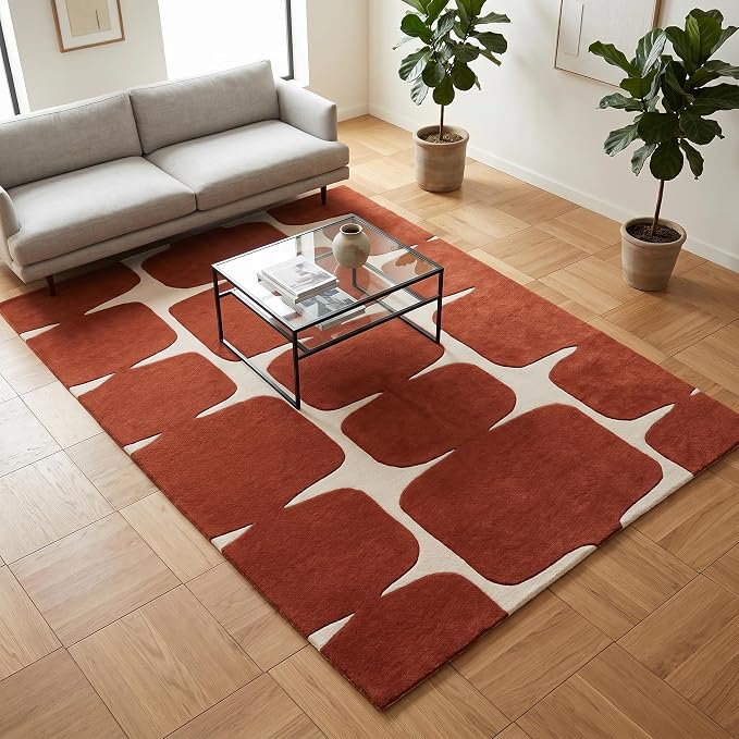 Restoration and Renovation Modern Wool Area Rug - Contemporary Abstract Geometric Design, Thick & Soft Hand-Tufted Carpet - Ideal for Indoor Decor in Living Room, Bedroom (Rust, 5' x 8')