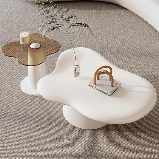 Nesting Coffee Table Set of 2, Cloud Shape Center & Small Tempered Glass Top Accent Side Table, Modern Home Decor Table Set for Living Room, Bedroom, Office
