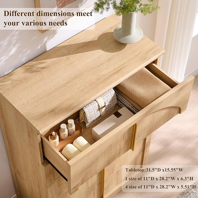 ACCOHOHO Modern 5 Drawers Dresser for Bedroom with Arched Panel,44" Tall Dresser for Closet with Metal Handles,Push-to-Open Wood Storage Closet Dressers for Living Room, Hallway,Natural Oak