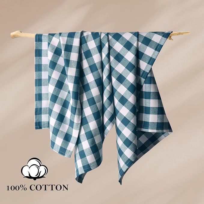 Gingham Check Kitchen Towels, 4 Pack, 16x26 Inches, 100% Cotton - Highly Absorbent, Fast Drying, Dish Towels for Drying Dishes, Hand Cleaning Towels with Hanging Loop, Teal and White