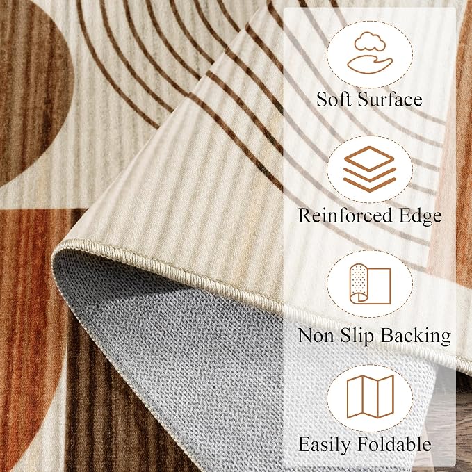 Large Machine Washable 5x7 Area Rug, Soft Modern Geometric Abstract Orange Rugs for Bedroom Living Room, Non-Shedding Faux Wool Indoor Throw Floor Carpet for Office Entryway Dining Room Decor