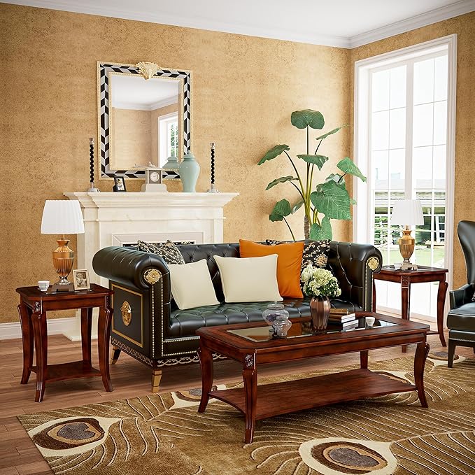 Solid Wood Side Table with Storage Shelf, 2-Tier Square End Tables Living Room, Traditional Style End Table, Vintage Beside Table with Curved Legs and Glass Tabletop, Cherry Walnut Accent Table GT