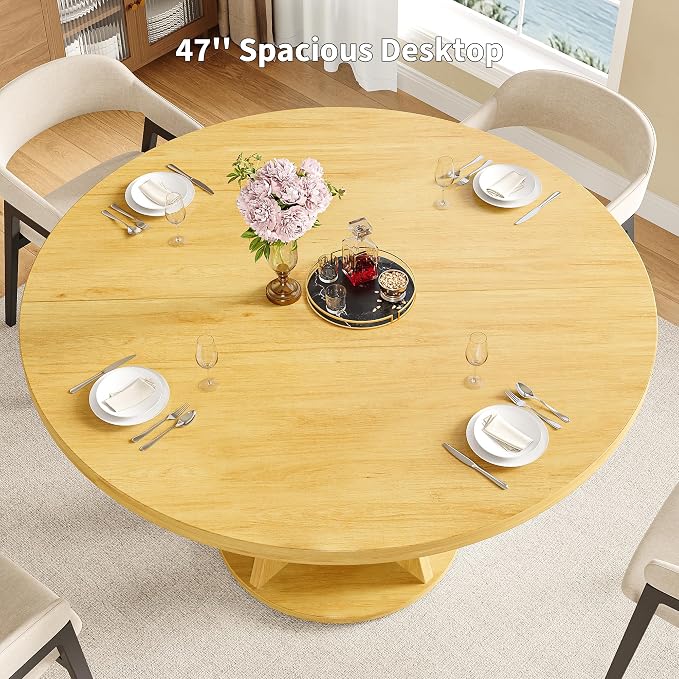iPormis 47-Inch Round Dining Table for 4-6 People, Circle Dinner Table with Wooden Legs and A Stable Round Pedestal Base, Space Saving Wooden Kitchen and Dining Room Table, Oak (Table Only)