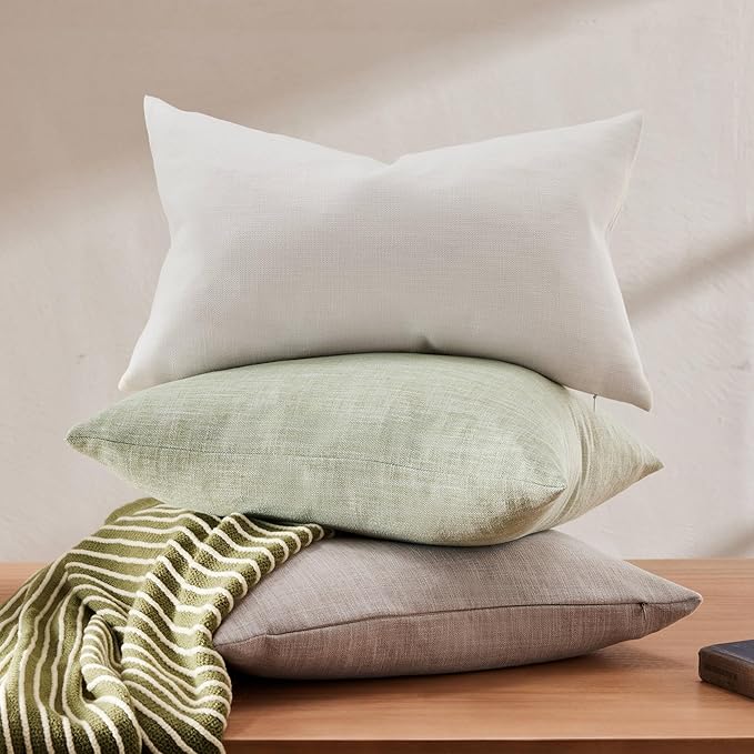 ZeeMart Rustic Cotton Linen Lumbar Throw Pillow Covers Set of 2, 12x20 Inch Off White, Farmhouse Style Decorative Couch Pillow Cases Ivory Cushion Covers for Sofa Bed Living Room Home Decor