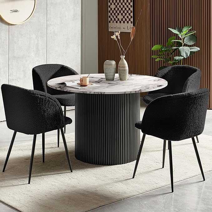 Wooden Dining Table Set with 4 Seated Dining Arm Chairs, 47-in Industrial Kitchen Table Round with Black Upholstered Barrel Side Accent Chairs Set, Classic Breakfast Nook Dinette Set