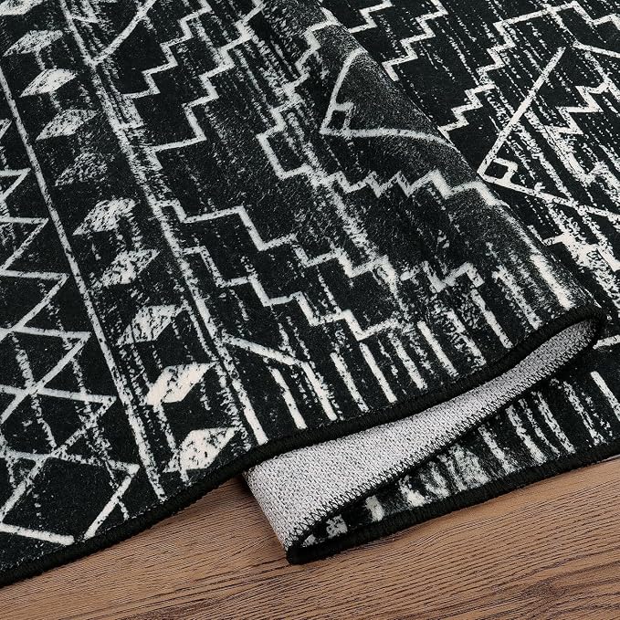 Wonnitar Moroccan Washable Area Rug 5x7, Black Large Rug for Living Room, Non-Slip Boho Bedroom Throw Mat, Low Pile Stain Resistant Geometric Floor Carpet for Dining Table Kitchen Dorm (Black,5'x7')
