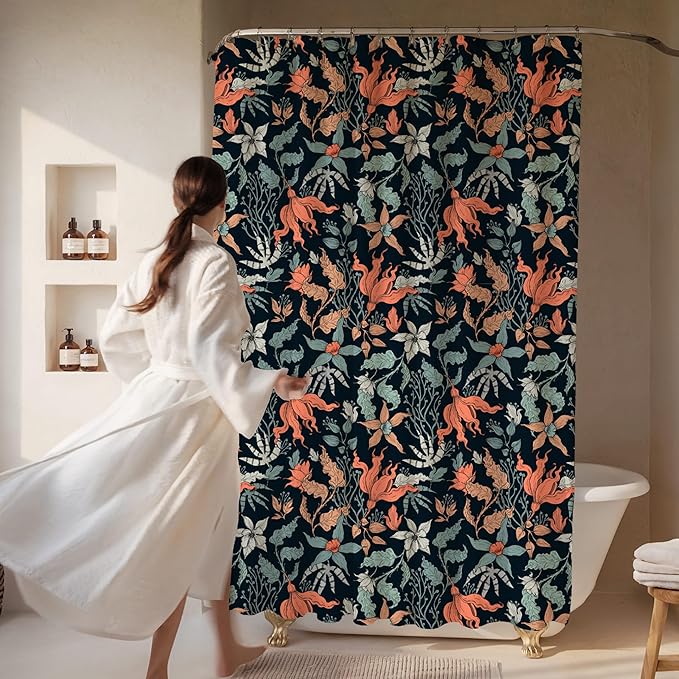 Dark Coral Floral Print Shower Curtain - Moody Modern Black Flowers Pattern - Modern Home Decor - Vintage Botanical Style Cool Fabric Shower Curtain For Any Bathroom - 72x72 Inches (Dark Floral)
