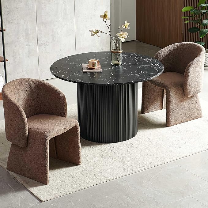 NORDICANA 3-Piece Round Dining Table Set for 2, Modern 47-Inch Kitchen Table and Chair Set, Dining Set with Brown Upholstered Armchairs, Manufactured Wood Top with Black Marble Effect Finish